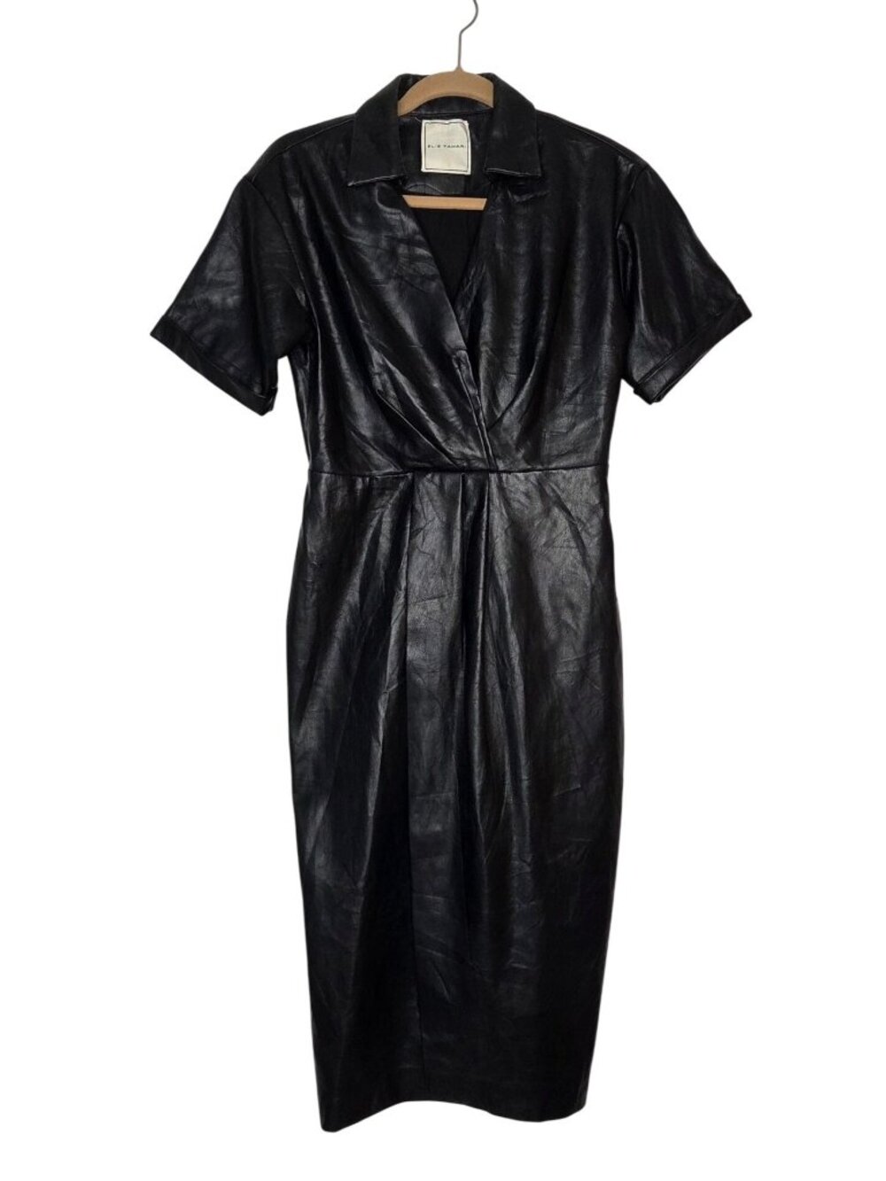 Elie Tahari Black Faux Leather Midi Dress With Short Sleeves Size 6